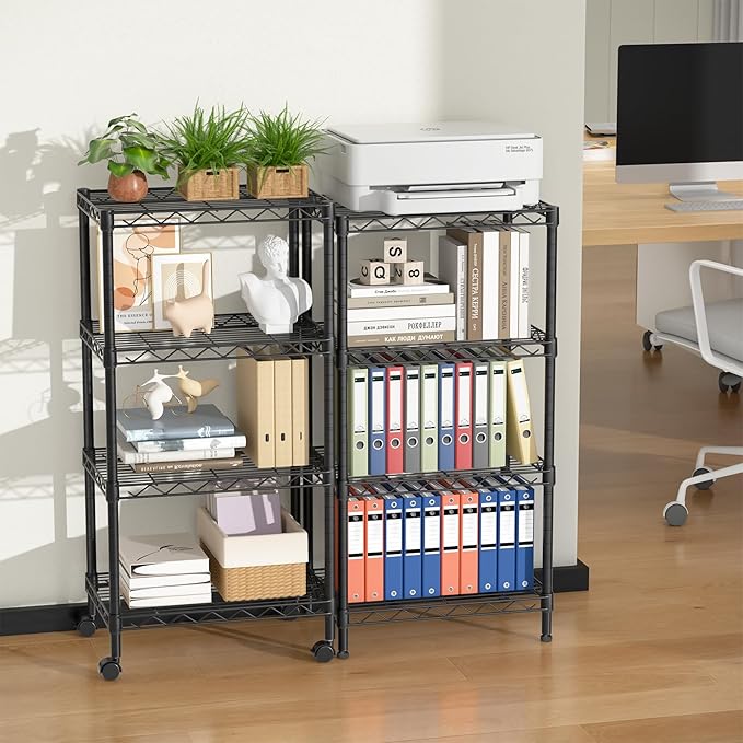 Golpart Small 4 Tier Shelves Storage Wire Shelving Unit Metal Shelf Adjustable Organizers Storage Shelving with Wheels for Bathroom Laundry Room Kitchen Pantry12”D x 18”W x 44.8”H Black