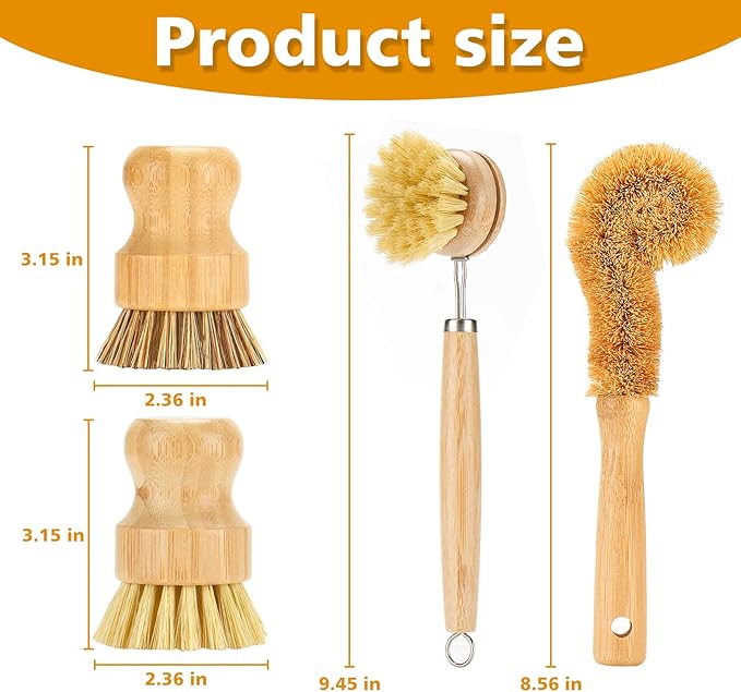 SAMEBUTECO Bamboo Dish Brushes Sets 4 Tools in One Kitchen Clean Dish Scrubber for Pots Pans Bottles with Natural Bristles (Bamboo Brushes Sets)