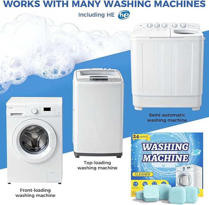 Washing Machine Cleaner Tablets, 24 Pack, Deep Cleaning Descaler and Suitable for Most Washer Machine Cleaner Front Loader and Top Load, Compatible with HE Models
