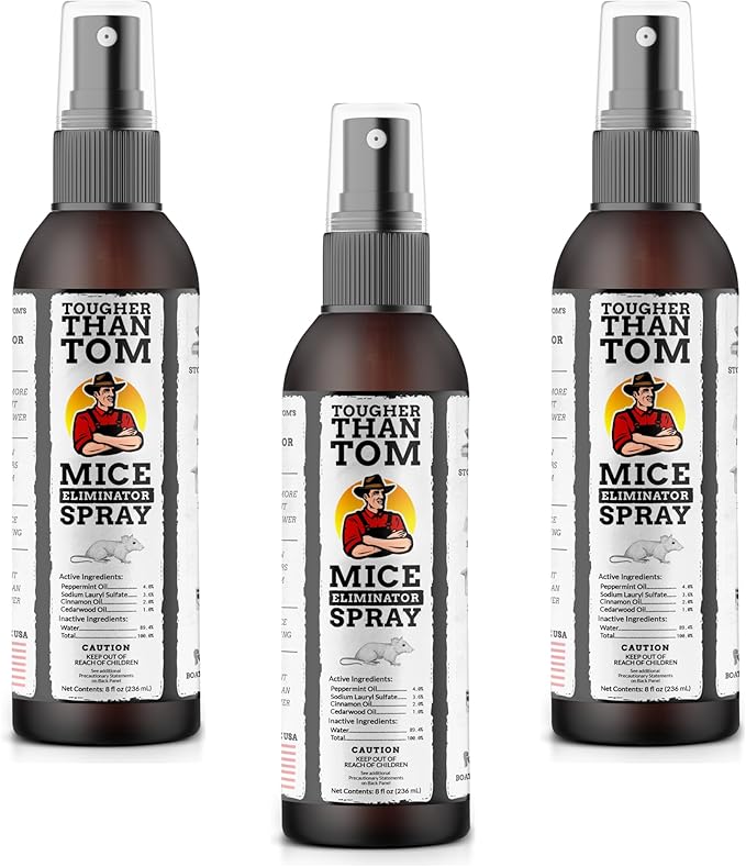 Tougher Than Tom Mouse Repellent Spray – 3 Pack - 8 fl oz Premium Cinnamon and Peppermint Oil Spray for Rodents – Effective Mouse Repellent Indoor Spray – Mice Deterrent Spray – All-Natural Formula