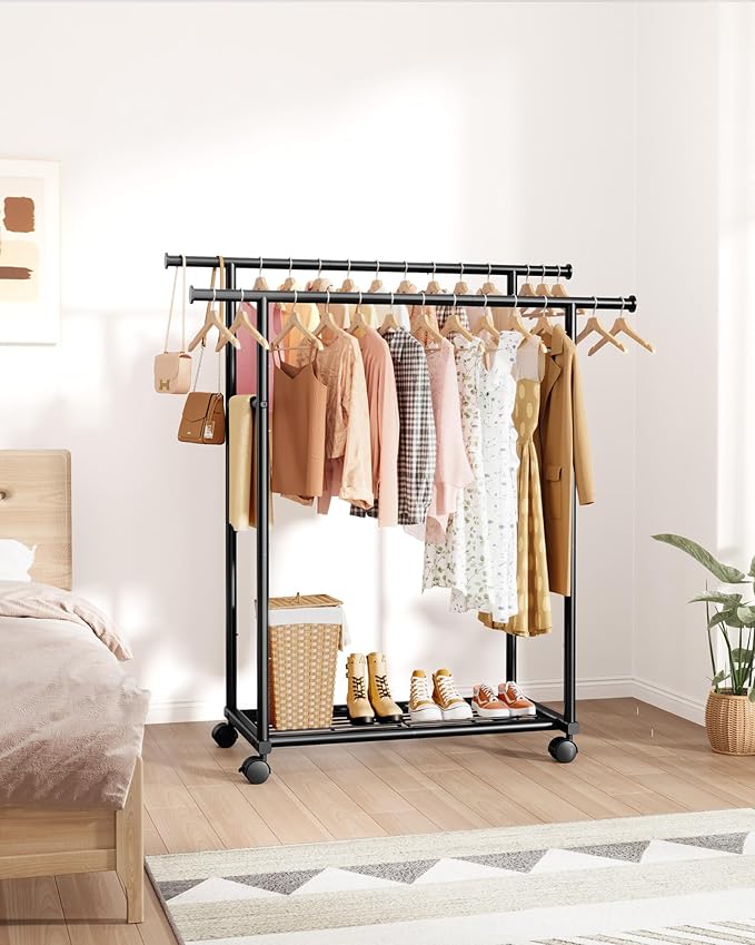 Sakugi Metal Clothes Rack - Double Rod Clothing Rack with Fixed Design and Rolling Wheels, Coat Rack with Built-In Shelf for Closet Organizers and Storage (38.5" x 16.9" x 59.0", Black)