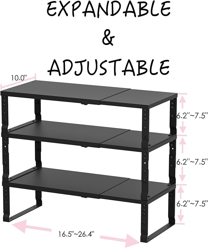 Adjustable Metal Shelving Unit, Stackable & Expendable Storage Rack for Home/Office/Kitchen, Space-Saving，Sturdy&Durable，Easy Assembly (3PACKS/Large/Black