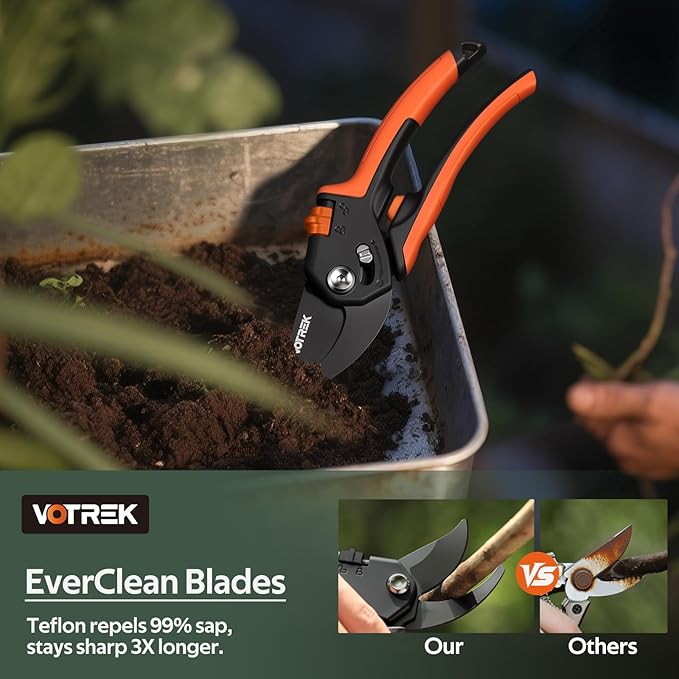 VOTREK® Pruning Shears, [Patented Stepless Handle Opening] - Garden Clippers with Ultra-Sharp SK5 Steel for Weak Hand, Pruners Universal Fit for All Hand Sizes, Effortlessly Cuts 1-Inch Branches