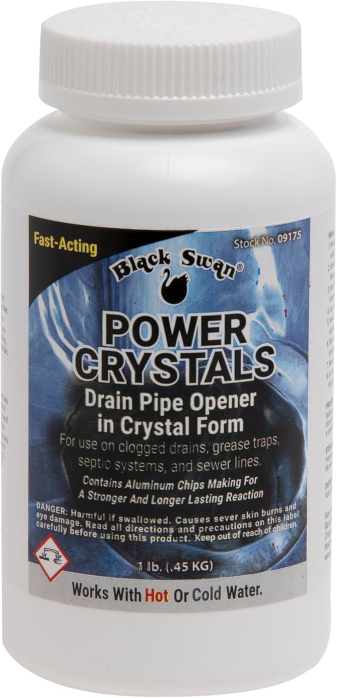 Black Swan 09175 Power Crystals Drain Opener, 1 lb (16 oz) - Heavy Duty Crystal Formula for Cleaning Clogged Drain Pipes Due to Grease, Food Scraps - Safe for Plumbing & Septic Systems
