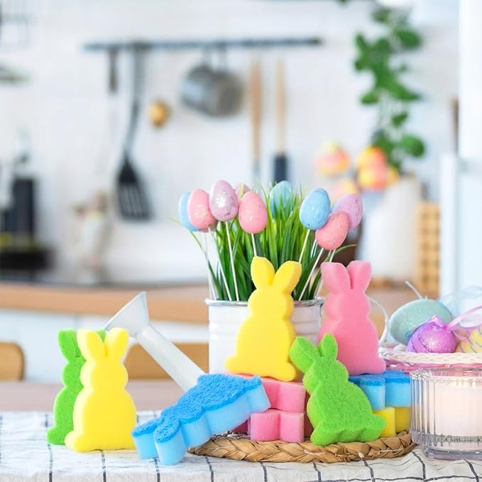 Tioncy 12 Pack Kitchen Sponges Bulk Dual Sided Scrubber Sponges Dishwashing Kitchen Cleaning Accessories for Household Supplies(Cute Easter Bunny,Pink, Green,Blue, Yellow)