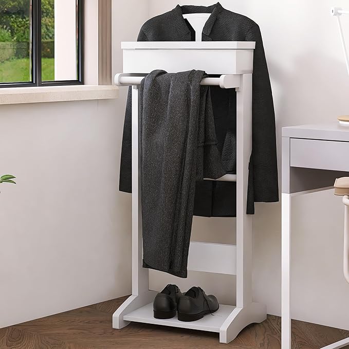 Mens Valet Stand with Top Tray Organizer, Shoe Shelf and Suit Rack, Wooden Clothes Valet Stand for Bedroom Entryway (White)