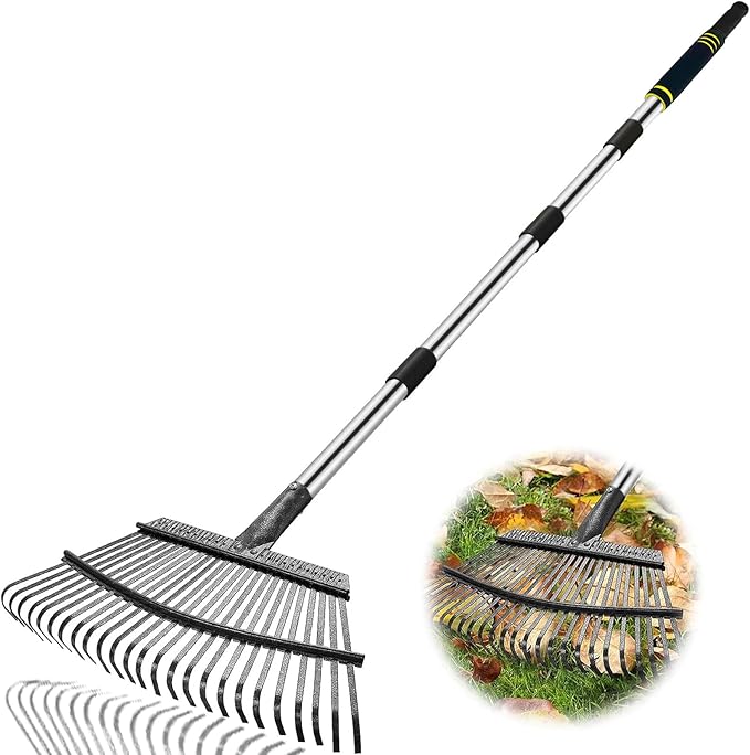 Rake Heavy Duty 6FT Long Garden Rake , 18.5 Inch Wide Leaf Rake for Lawns, 25 Metal Tines, Adjustable Stainless Steel Handle, Rakes for Leaves, Yards, Grass, Garbage, Weeds, Debris (Black)