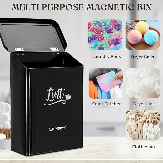 CINPIUK Magnetic Lint Bin for Laundry Room with Brush & Hook - Large Laundry Organizer and Storage, Wall Mounted Trash Can with Lid, Space-Saving Dryer Lint Holder Laundry Room Decor, Black