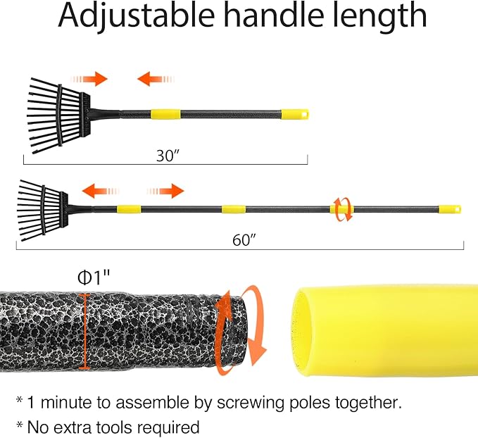 Oliynedy Adjustable Metal Garden Rake for Leaves - Long Handle 30-60", 11 Tines 9" Wide - Small Lawn Collapsible Yard Rake for Adults and Kids - Camping, Flower Beds, Mulch, Shrub