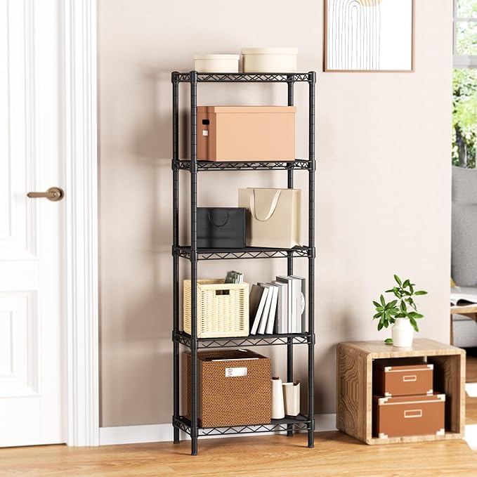 Golpart Small 5 tire Shelves Storage Wire Shelving Unit Metal Shelf Adjustable Organizers Storage Shelving for Bathroom Laundry Room Kitchen Pantry10”D x 16”W x 55”H Black