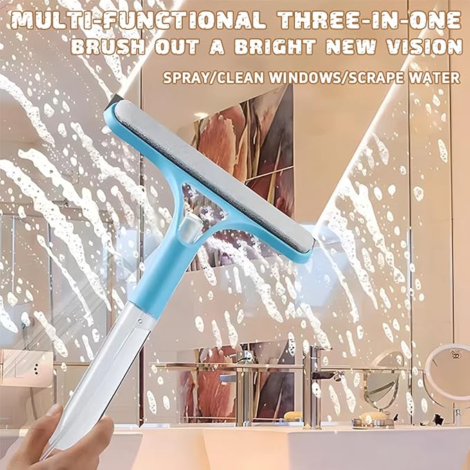 Pro 3 in 1 Window Cleaning Scrapers, 3 in 1 Spray Squeegee, Window Squeegee, Suitable for Cleaning Bathroom Glass, Mirrors, Car Windows (Blue)