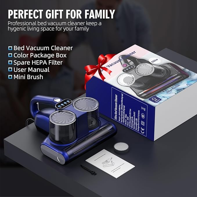 Mattress Vacuum Bed Vacuum Cleaner 16Kpa Suction 253.7nm UV-C Light, 140°F Heated Air, 30000 RPM Brushroll, Ultrasonic, HEPA Filter, Handheld Vacuums for Carpet/Sofa, 500W Corded, (Light Blue)