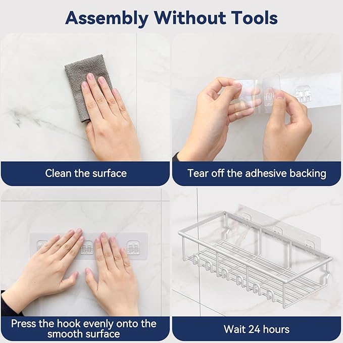 8 Pack Adhesive Rustproof Shower Caddy with Soap Dishes, Toothbrush Holder & Hooks, Large Capacity No-Drilling Shower Shelves Rack for Bathroom Organizers and Storage Accessories, Silver