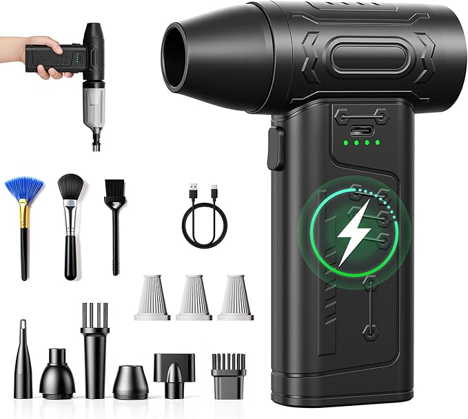 fourq Compressed Air Duster,Mini Vacuum Cleaner 2-in-1,4000 mAh,130,000 RPM Brushless Motor,8000Pa，120MPH/1.1LB Thrust Car Dryer Air Blower for Car Cleaning,Computer Cleaning