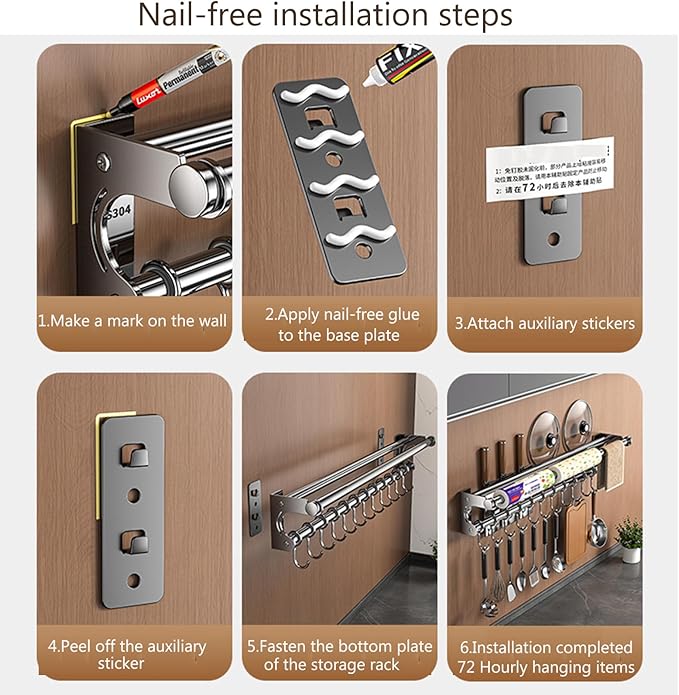 Hanging Wall Mount knife Wall Mount, Space-Saving Knife Rack with Hooks, Kitchen Organizer Storage Shelf for Utensils Spatula Spoon, Kitchen Utensil Hanger (Black, 50CM+10Hooks)