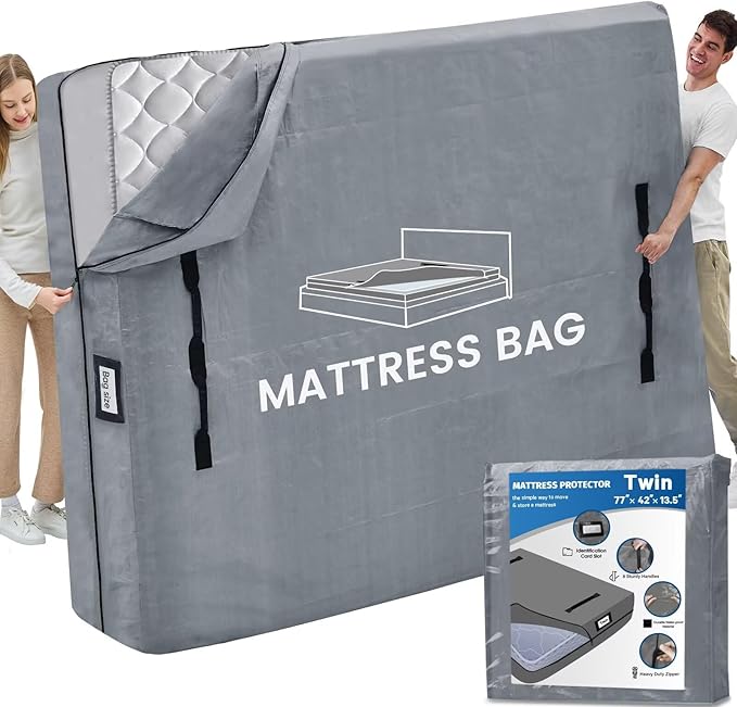 Mattress Bags for Moving and Storage, BETU Twin Mattress Protector Waterproof Mattress Cover with 8 Heavy Duty Handles and Zipper Extra Thick Moving Supplies for Dorm Bed Reusable (77x42x13.5 Grey)