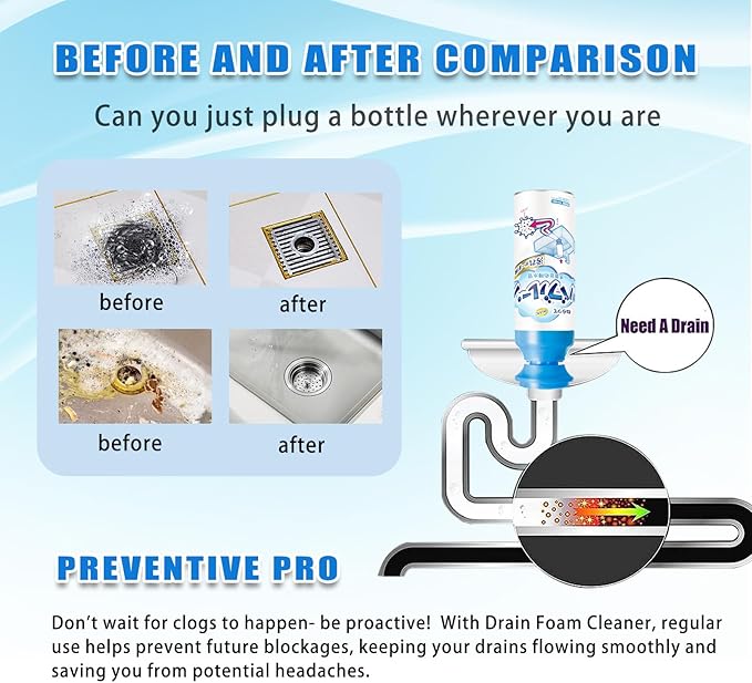 Drain Foam Cleaner, Drain Cleaner Foam, Powerful Sink And Drain Cleaner Foam, Liquid Hair Drain Clog Remover For Kitchen Drain, Sinks, Tubs (2 PCS)