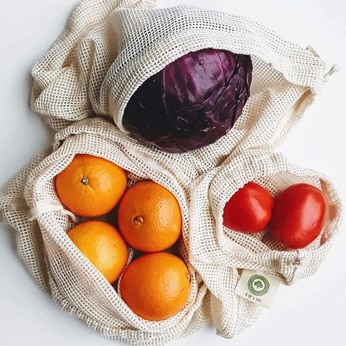 Reusable Mesh Produce Bags - 8 Pack, 100% Organic Cotton Reusable Net Vegetable Bags - Environment-friendly & Washable Fruit, Vegetable & Produce Sacks (2 X Large, 2 Large, 2 Medium, 2 Small)