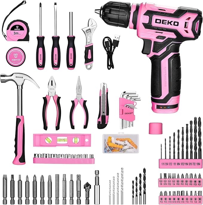 Pink Drill Tool Set Kit DEKOPRO Power Cordless Drill Tool Box with 12V Electric Pink Drill Driver Set for Women Home Hand Repair Tools Sets Drills Case