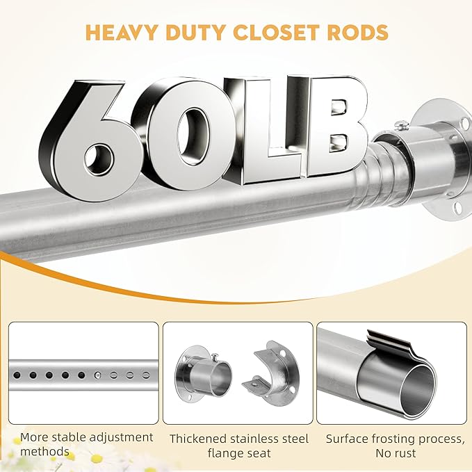 1.3 Inch Diameter Closet Rods for Hanging Clothes 17-39 Inch Adjustable, Metal Heavy Duty Closet Pole, Silver Closet Bar for Hanging Clothes, Suitable for Closet, Wardrobes, Bathroom, Windows