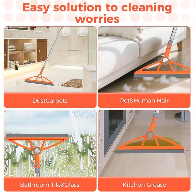 2-in-1 Air Broom, 180° Rotating 54 Inch Adjustable Silicone Rubber Broom Includes 2 Scraping Strips, Sweep and Silicone Tools with Long Handle for Cleaning Bathrooms,Glass,Tiles,Pet Hair