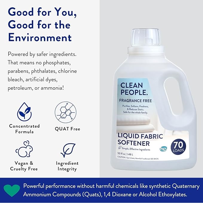 The Clean People Liquid Fabric Softener - Softens & Removes Static Cling - Vegan (50 Fl Oz, Fragrance Free)