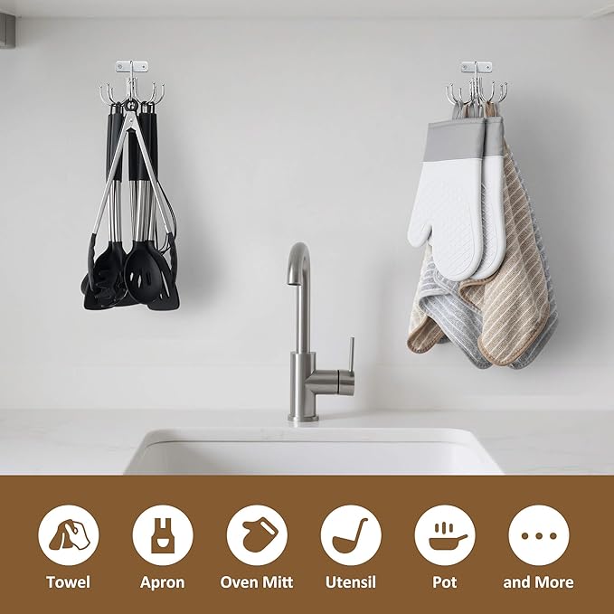 ZEDODIER Kitchen Cooking Utensil Holder, 360° Rotating Kitchen Hooks for Hanging Utensils, Heavy Duty Metal Utensil Rack with 8 Storage Capacity for Utensil, Towel, Pot, Glove, Aprons, Silver