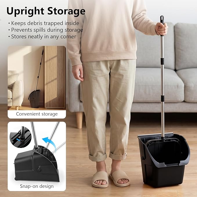Jumbo Commercial Dustpan with Wheels & Comb Teeth - Heavy Duty Rolling Debris Pan - Long Handle Extra Large Upright Dust Pan for Industrial Warehouse Garage Restaurant Sidewalk Outdoor - Black