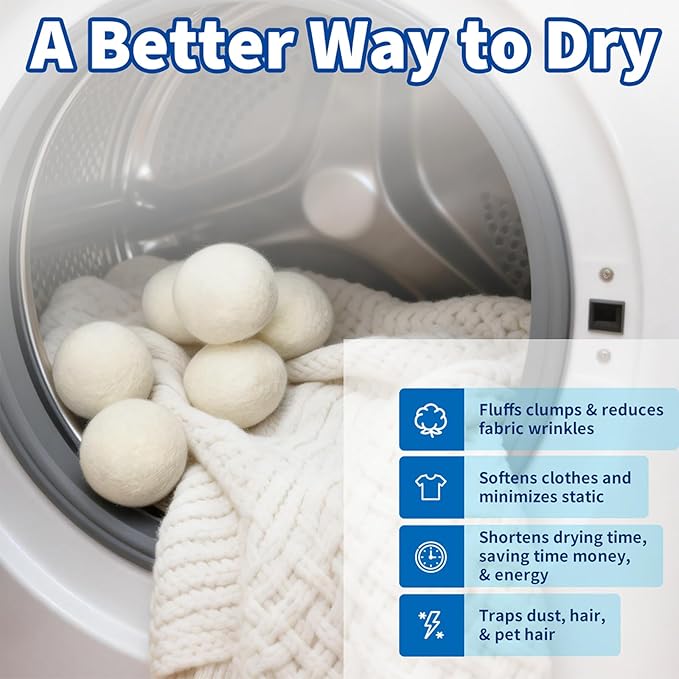Wool Dryer Balls, New Zealand Dryer Balls Laundry Reusable Reduce Static Cling, Dryer Ball to Reduce Wrinkles & Shorten Drying Time, Drying Balls for Laundry(Pack of 6) (White)