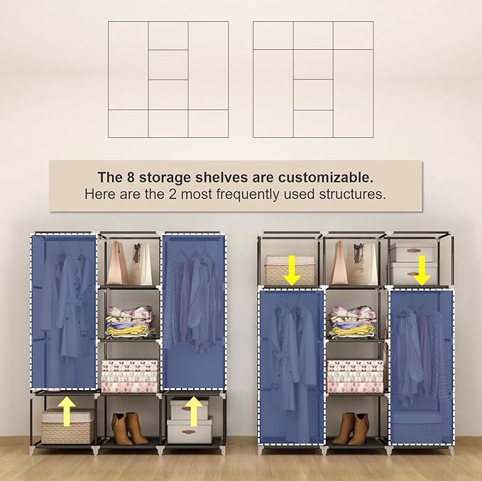 MOGELAFOO Portable Closet Wardrobe, 51-Inch Clothes Organizer with 2 Hanging Rods and 8 Shelves, Non-Woven Fabric Cover, Medium Capacity Storage for Bedroom and Living Room, Black