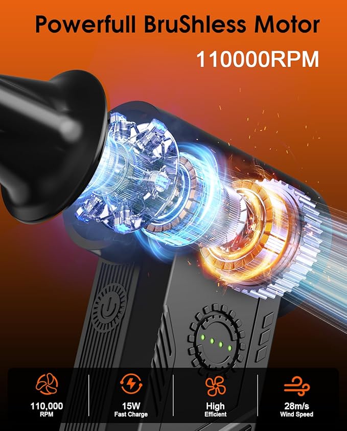 Super Power Compressed Air Duster – 110,000 RPM Cordless Electric Air Duster, 15W Fast Charging, 4 Speeds, Durable Mini Clean Duster - Replaces Canned Air for Keyboard, PC & Car Cleaning