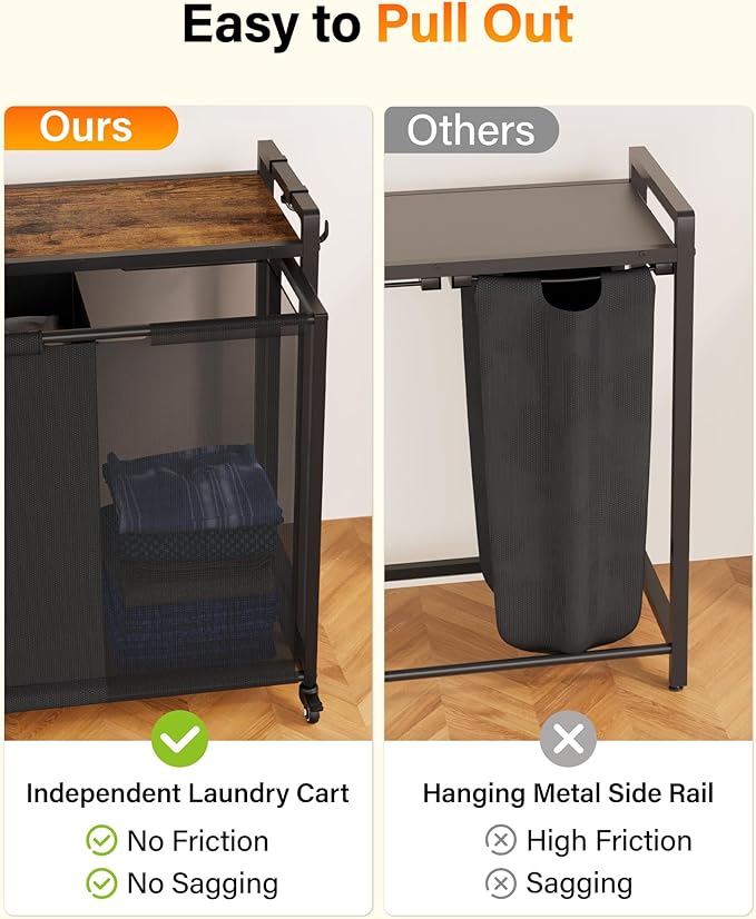 Laundry Sorter 2 Section: Laundry Hamper Basket with Shelf and Wheels - Rolling Laundry Basket Organizer with Pull-Out Cart - Clothes Hamper for Laundry Room Bathroom Bedroom