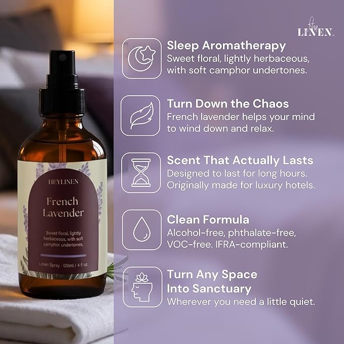 French Lavender Linen Spray | Sleep Aromatherapy Made with Lavender Essential Oil | Fabric Freshener for Beddings Pillows Towels and Bedroom | 4 fl oz