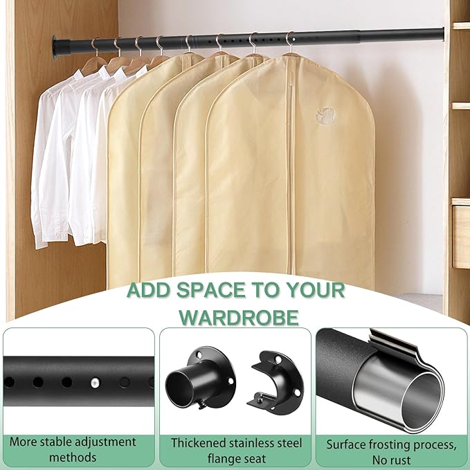 Closet Rod, 17 to 51 Inch 1.3 Inch Diameter Heavy Duty Adjustable Closet Rods for Hanging Clothes Heavy Duty Closet Hanging Rod Metal Black Closet Poles for Wardrobes