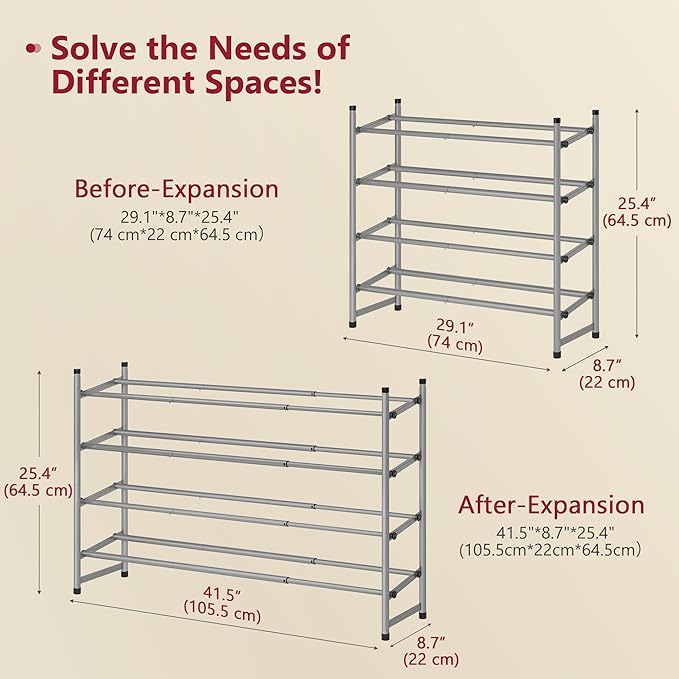 Tajsoon Expandable Shoe Rack for Closet 4 Tier, 29“-41“Adjustable & Stackable Shoe Shelf Storage, Metal Shoe Rack Organizer for Front Door Entrance, Closet, Garage, Entryway, Grey