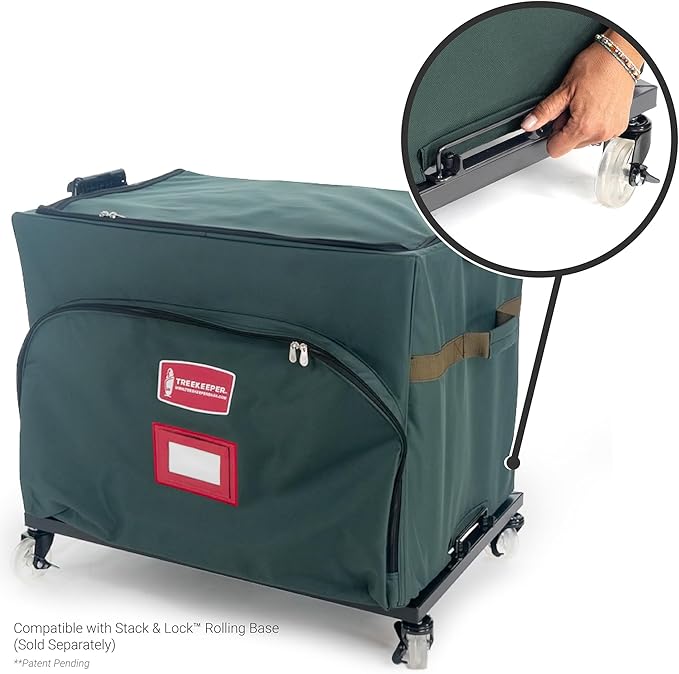 TreeKeeper Stack & Lock™ Green Christmas Ornament Storage Box Holds 72 Ornaments up to 4" Diameter, 3 Removable Trays with Separators, Top Pocket