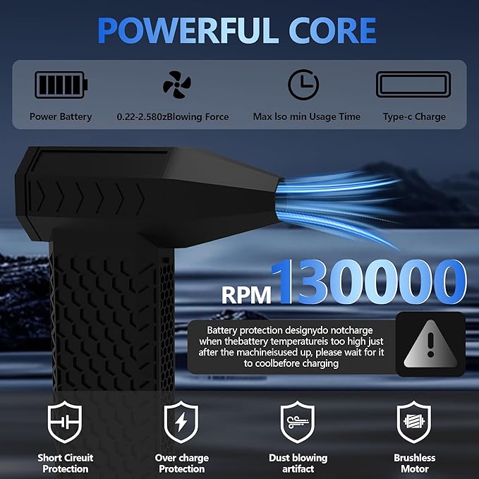 Ultra Powerful Compressed Air Duster - Electric Blower with 3-Speed Wind, Fast Charging, 130000RPM Motor - Ideal for Computers, Keyboards, Cars, and Home Cleaning