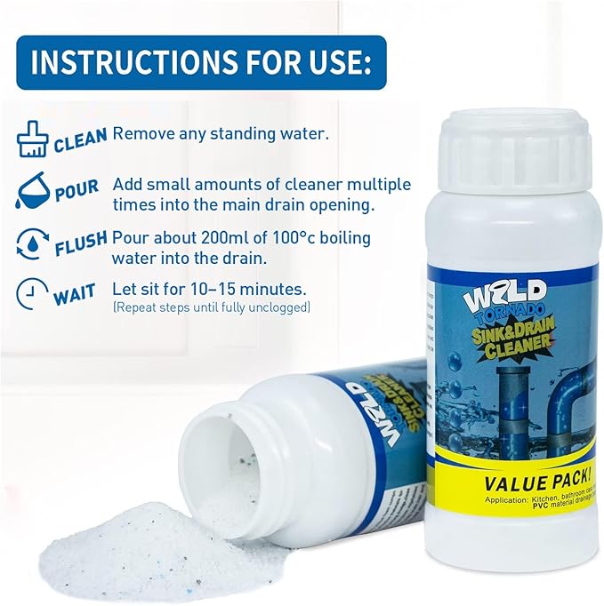 Wild Tornado Pipe Dredge,Powerful Sink Cleaner Powder Fast Foaming for Kitchen Toilet Pipeline Quick Cleaning Tool（2pcs）