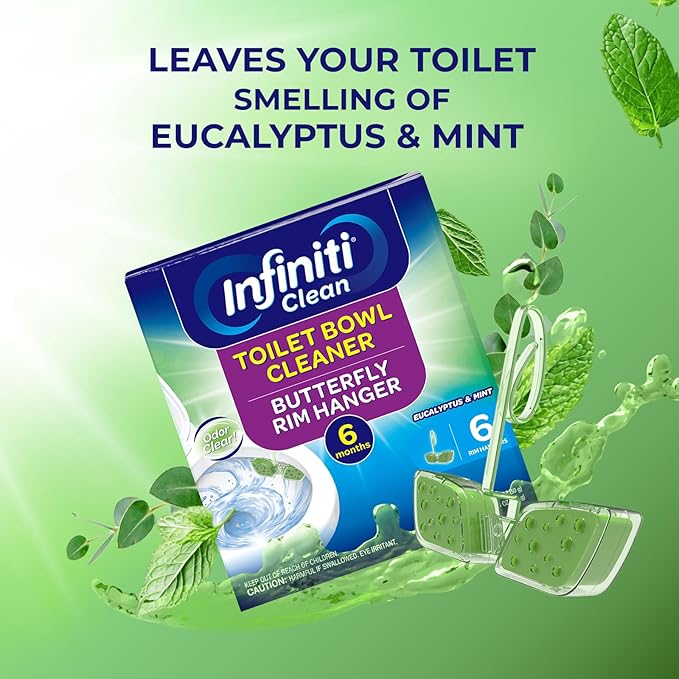 Toilet Bowl Cleaner Butterfly Rim Hanger – 6 × 1.8 OZ (50g), Lasts Up to 6 Months, Cleans & Deodorizes with Every Flush (Eucalyptus and Mint)