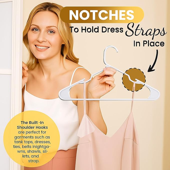 Our Modern Space 50 Pack Adult Plastic Hanger for Shirt Pants Coats Dresses Skirts Suits Jackets - Standard Thick Coat Hanger - Sturdy & Durable Design with Shoulder Grooves Hook - White