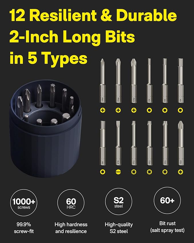 HOTO Electric Screwdriver Rechargeable, 3.6V Cordless Screwdriver Set USB-C, 1/4'' Hex Bits, 3 Torque Settings, 1500mAh Battery, LED Light & 12 S2 Metal Bits for Furniture/Electrical Repairs