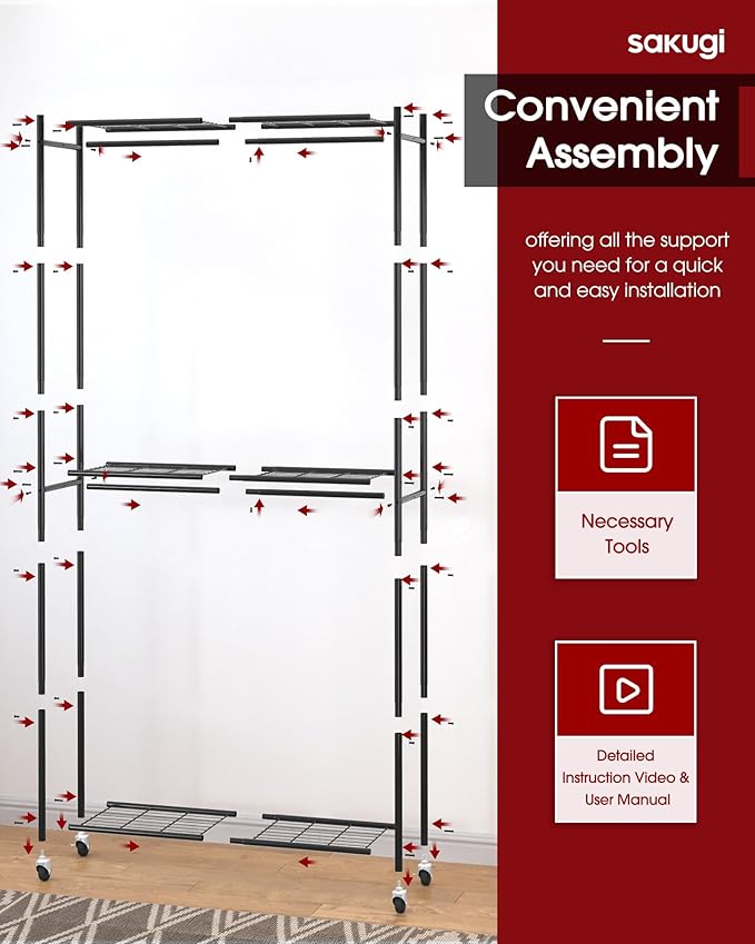 Sakugi Clothes Rack - 33.0" x 12.2" x 79.5" Clothing Rack with Shelves & Wheels, Multi-Functional Wardrobe Closet with Hooks, Sturdy Metal Garment Rack for Bedroom, Laundry, Balcony (Gold)