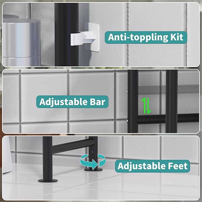 3-Tier Over The Toilet Storage Organizer, Space-Saving Bathroom Rack with Paper Holder & 4 Hooks, 64" Tall Freestanding Carbon Steel Shelf for Small Apartment Laundry Room (Black)