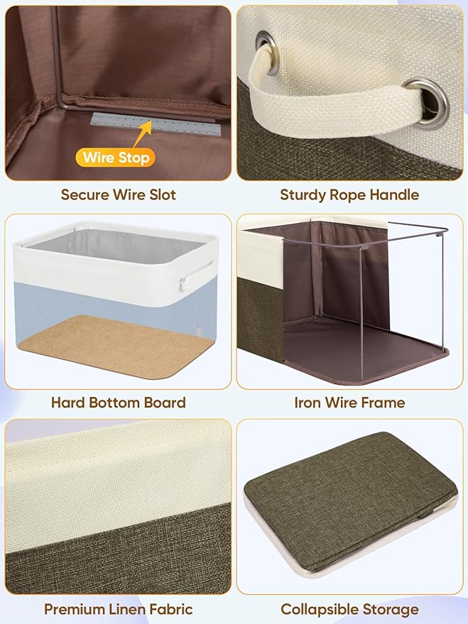 BALEINE 3 Pack Fabric Storage Bins for Shelves, Linen Storage Baskets for Organizing, Decorative Closet Bins for Clothes, Home (Brown, 12"x8"x8")