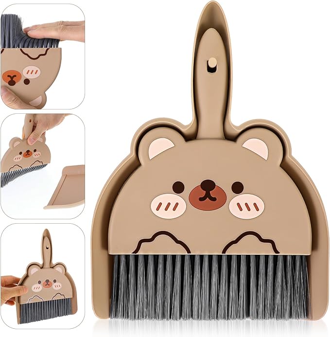 Ouligay Portable Hand Broom and Dustpan Set,Cute Mini Broom and Dustpan Set with Durable Brush,Lightweight Small Dust Pan and Broom Set for Desktop Cleaning Small Space Cleaning(Brown Bear)