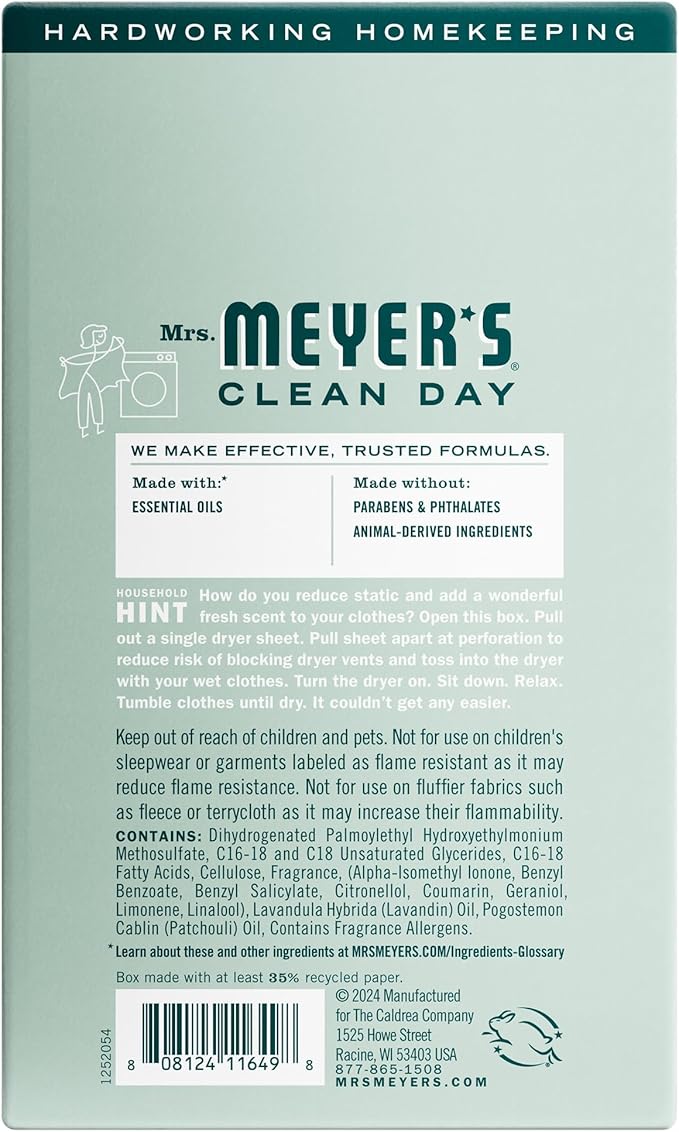 MRS. MEYER'S CLEAN DAY Dryer Sheets, Fabric Softener, Reduces Static, Infused with Essential Oils, Birchwood, 80 Count
