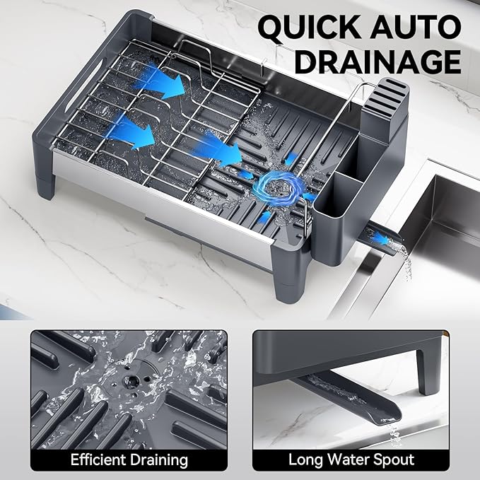 Urackify Expandable Dish Drying Rack, Stainless Steel Dish Rack with Aluminum Frame, Dish Drainer for Kitchen Counter, Space Saving Kitchen Drying Rack with Movable Utensil Holder, Gray