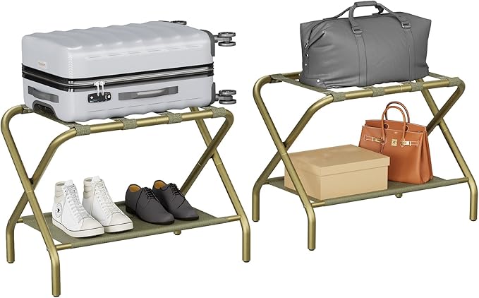 Smuxee Gold Luggage Rack Pack of 2, Foldable Suitcase Stand with Fabric Storage Shelf, Luggage Holder with 4 Nylon Straps for Hotel Guest Room Bedroom