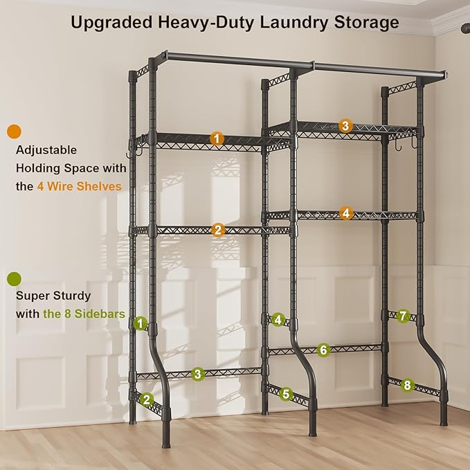 ULIFHOME U14 Over Washer and Dryer Storage Shelves, 4 Tiers Laundry Room Storage and Organizer System, Space Saving Clothes Drying Rack with 2 Clothes Hanger Rods, 66.5" W x 20.5" D x 77.4" H, Black