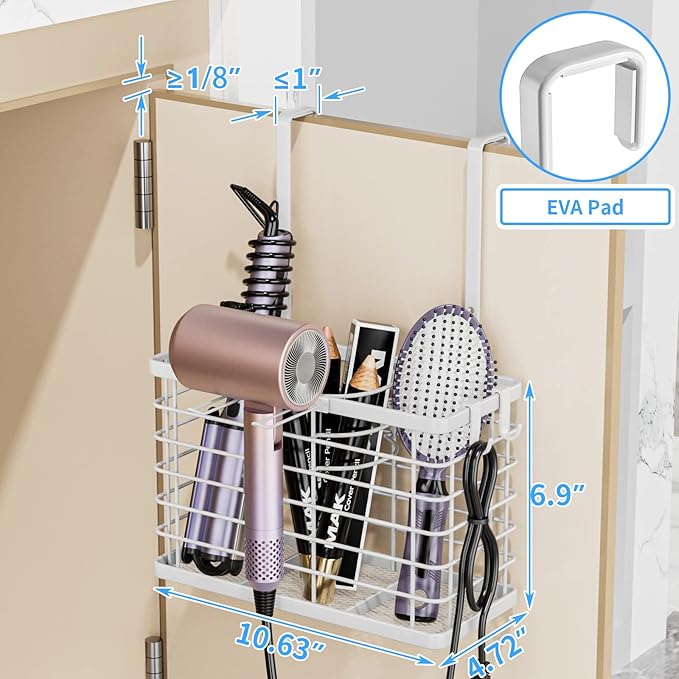 OVICAR Hair Dryer Holder - 3-in-1 Hair Tool Organizer Blow Dryer Holder Adjustable Height Cabinet Door/Wall Mounted Bathroom Organizer for Hair Dryer, Flat Irons, Curling Wands, Straighteners Storage
